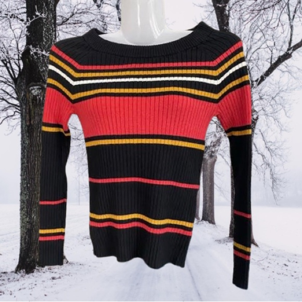 Crew/Boat Neck Striped Ribbed Sweater - Picture 5 of 16